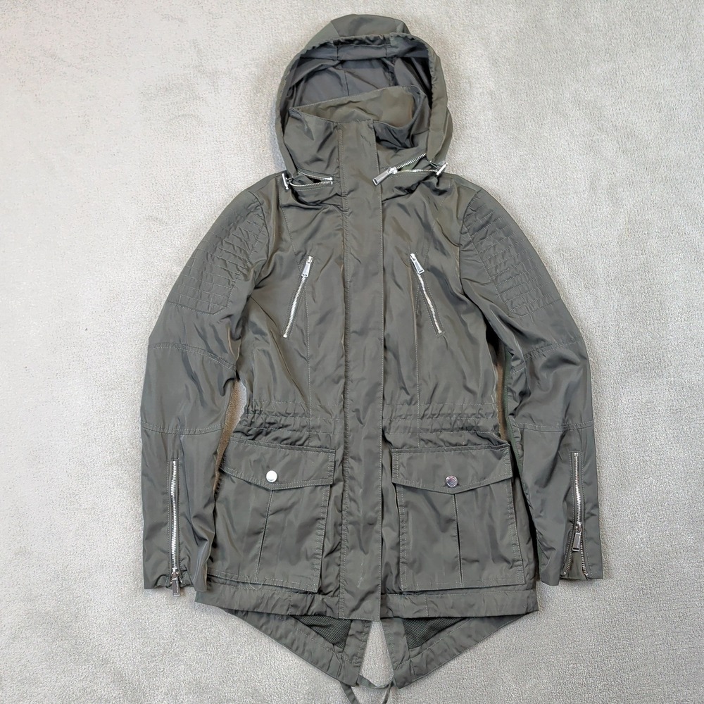 BCBGeneration Utility Anorak Jacket Womens XS Olive Green Moto Hooded Parka Coat